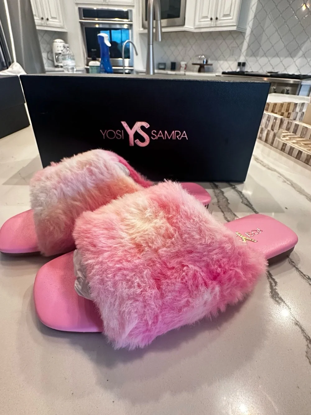 Yosi Samra Pink Plush Faux Fur Slide Sandals